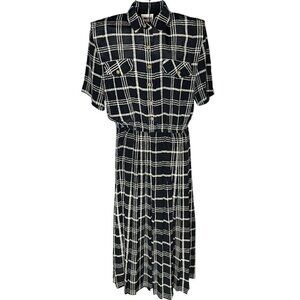 Vintage Leslie Fay Size 10 Windowpane Plaid Pocket Shirt House Dress Black White